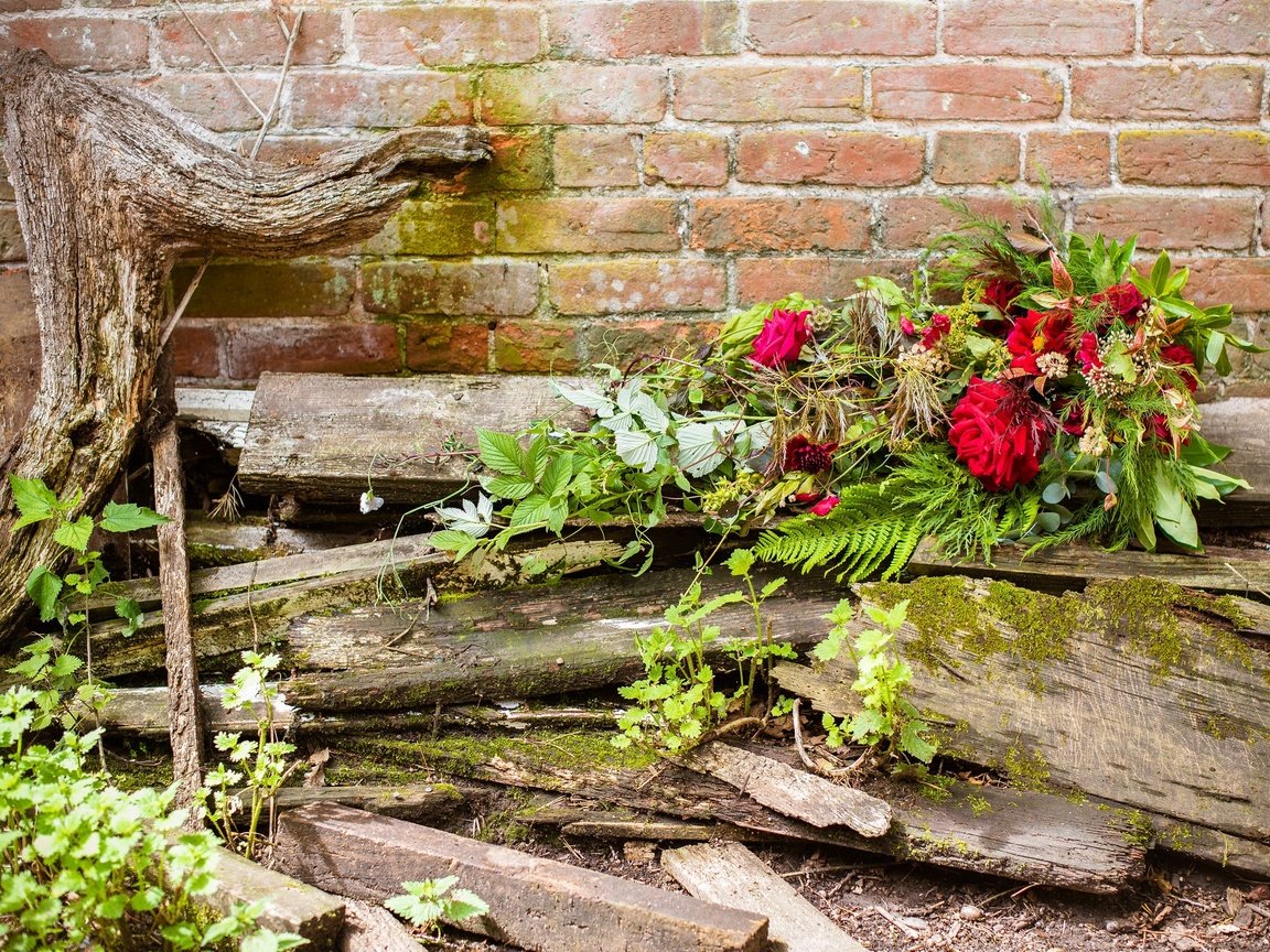 Обои цветы, фон, розы, доски, букет, кирпичная стена, flowers, background, roses, board, bouquet, brick wall разрешение 2048x1367 Загрузить