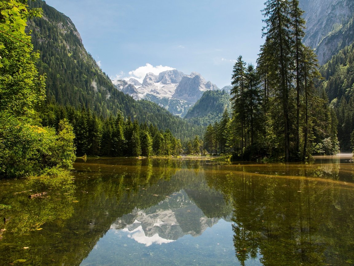 Обои небо, gosau, деревья, озеро, горы, скалы, солнце, лес, австрия, the sky, trees, lake, mountains, rocks, the sun, forest, austria разрешение 2048x1365 Загрузить