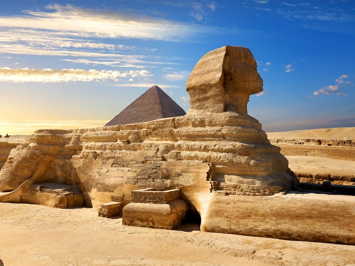 Обои небо, cairo, great sphinx of giza, облака, солнце, пустыня, пирамида, египет, всадники, сфинкс, the sky, clouds, the sun, desert, pyramid, egypt, riders, sphinx разрешение 6702x4473 Загрузить