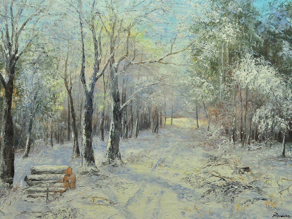 Обои картина, пейзаж, живопись, зимний лес, małgorzata rawicka, picture, landscape, painting, winter forest разрешение 1920x1200 Загрузить