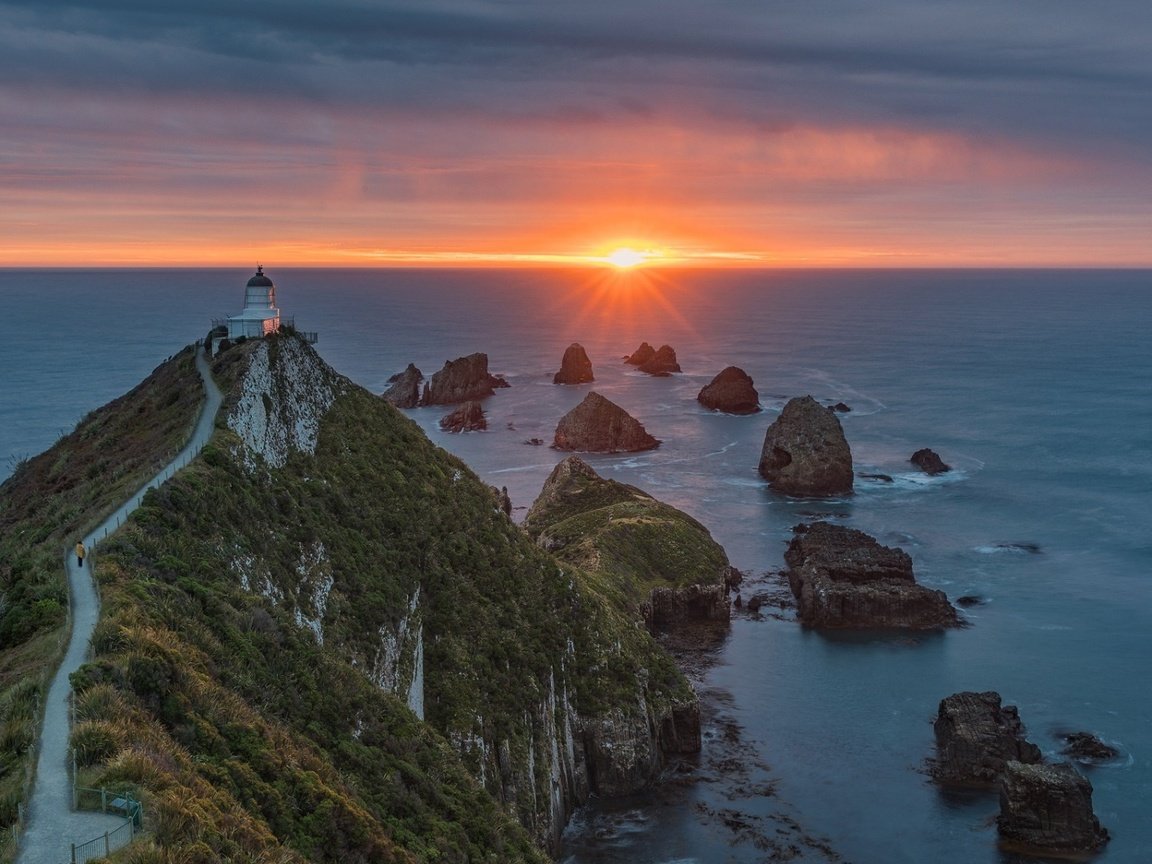 Обои скалы, закат, пейзаж, море, маяк, мыс, rocks, sunset, landscape, sea, lighthouse, cape разрешение 1920x1080 Загрузить