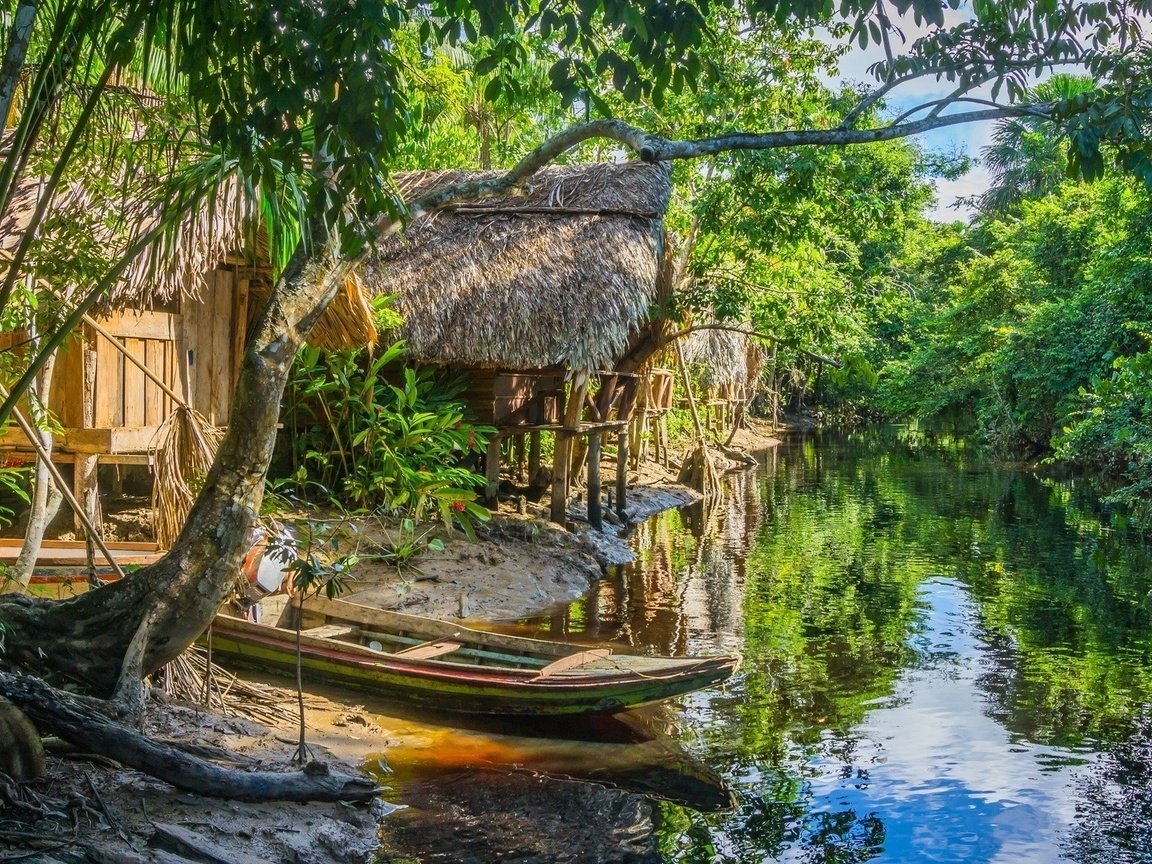 Обои река, лодка, дом, джунгли, хижина, венесуэла, ориноко, river, boat, house, jungle, hut, venezuela, orinoco разрешение 1920x1150 Загрузить