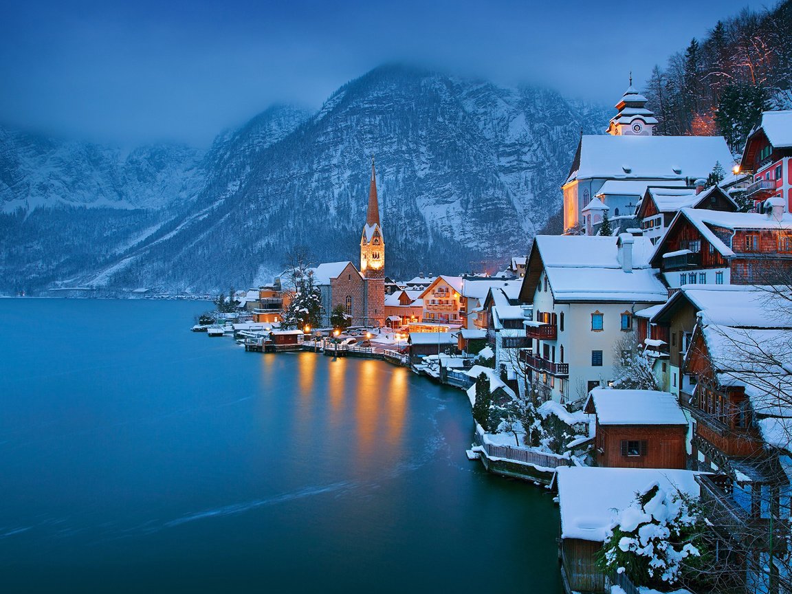 Обои озеро, горы, зима, город, австрия, хальштадт, lake, mountains, winter, the city, austria, hallstadt разрешение 1920x1200 Загрузить