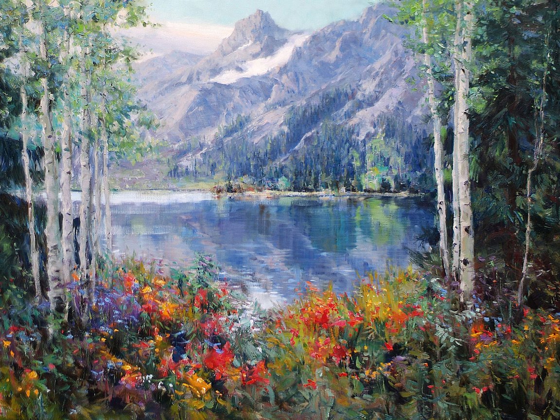 Обои цветы, eric wallis, арт, озеро, горы, лес, пейзаж, березы, живопись, flowers, art, lake, mountains, forest, landscape, birch, painting разрешение 1920x1200 Загрузить