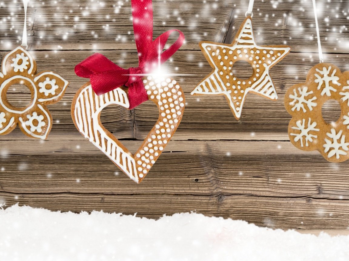 Обои снег, новый год, украшения, рождество, печенье, декор, новогоднее печенье, snow, new year, decoration, christmas, cookies, decor разрешение 2880x1800 Загрузить