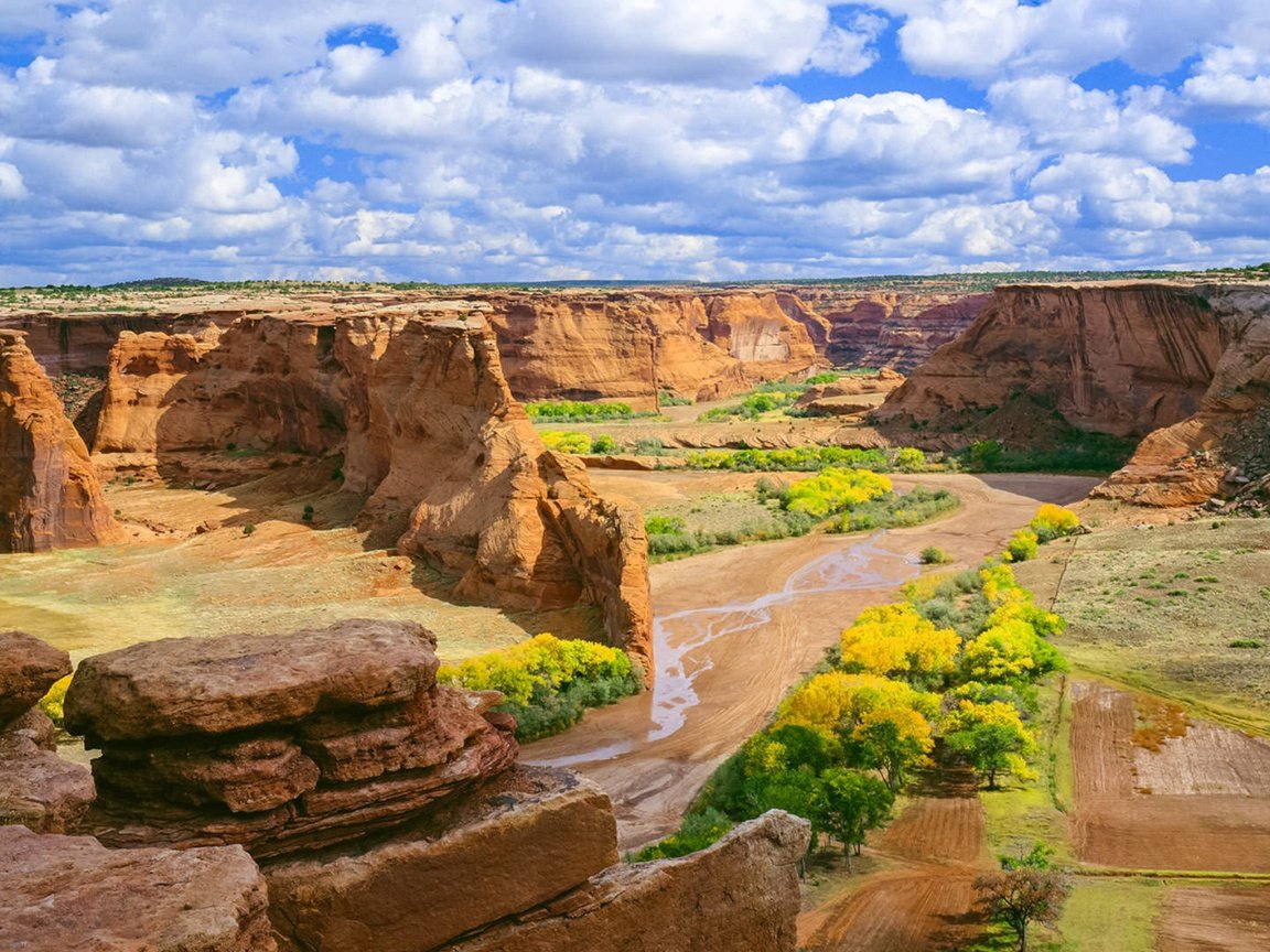 Обои небо, цветы, облака, скалы, пейзаж, каньон, de chelly, the sky, flowers, clouds, rocks, landscape, canyon разрешение 3840x2160 Загрузить