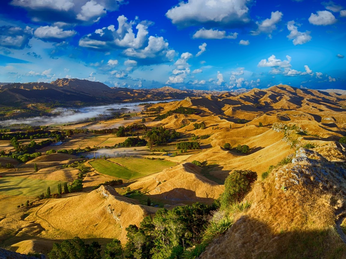 Обои небо, облака, горы, холмы, пейзаж, долина, новая зеландия, the sky, clouds, mountains, hills, landscape, valley, new zealand разрешение 4711x3197 Загрузить