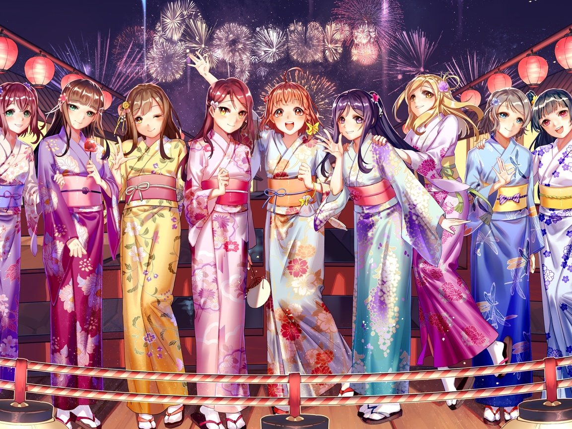 Обои девочки, кимоно, фонарики, феерверк, фестиваль, love live sunshine, girls, kimono, lanterns, fireworks, festival разрешение 2362x1372 Загрузить