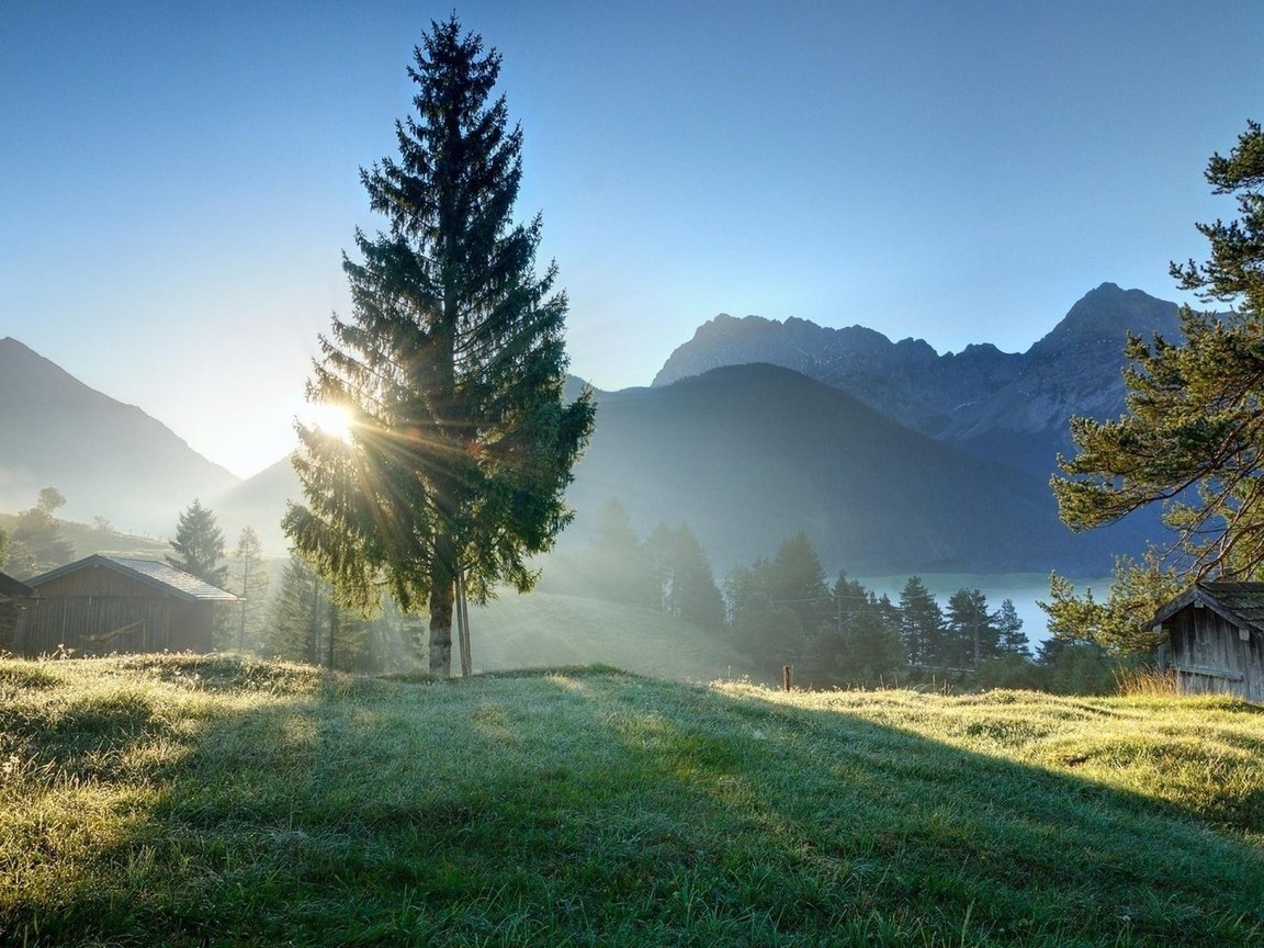 Обои небо, трава, деревья, горы, природа, домик, солнечный свет, the sky, grass, trees, mountains, nature, house, sunlight разрешение 2560x1440 Загрузить