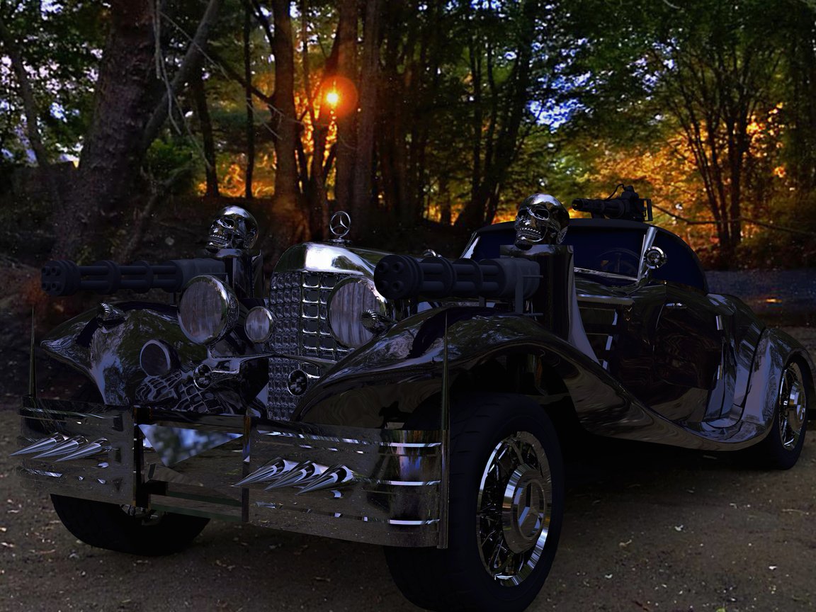 Обои лес, череп, пулемет, мерседес, forest, skull, machine gun, mercedes разрешение 3072x1729 Загрузить