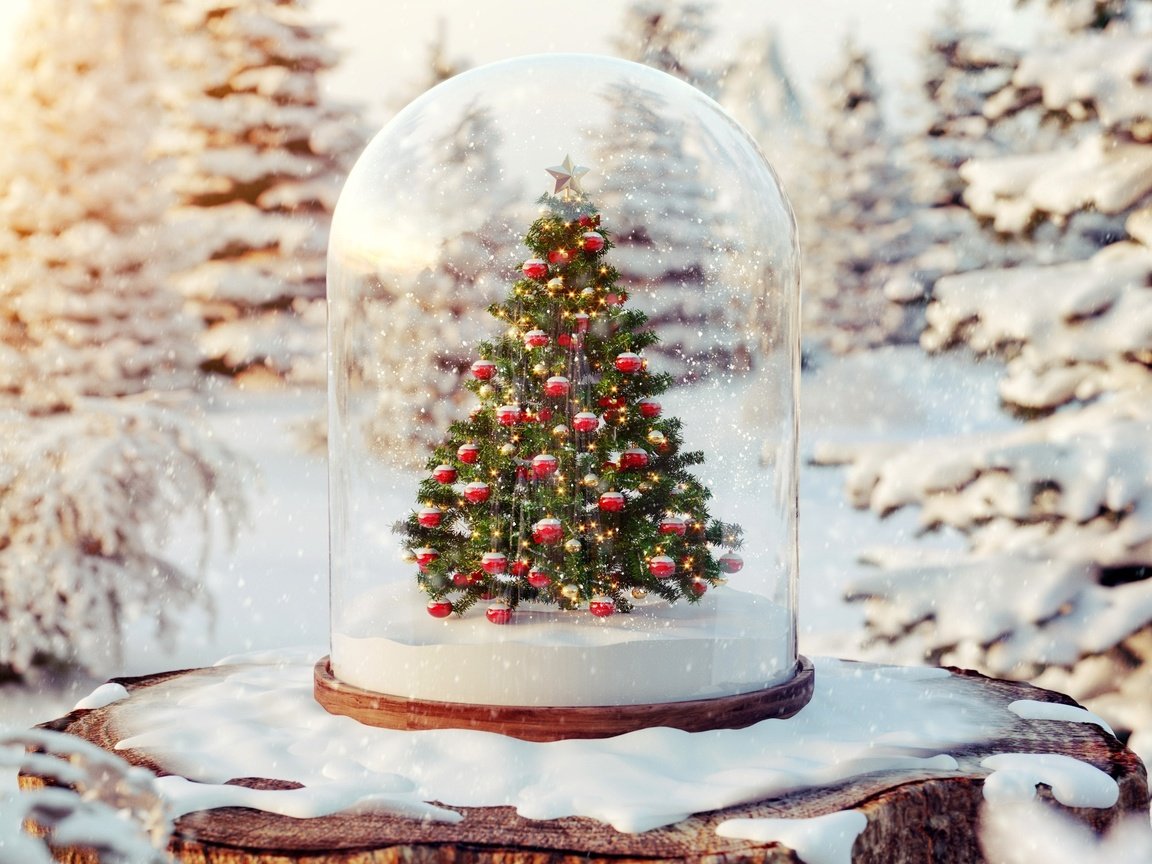 Обои снег, дерево, новый год, елка, зима, шарики, праздники, рождество, пень, stump, snow, tree, new year, winter, balls, holidays, christmas разрешение 2600x2300 Загрузить