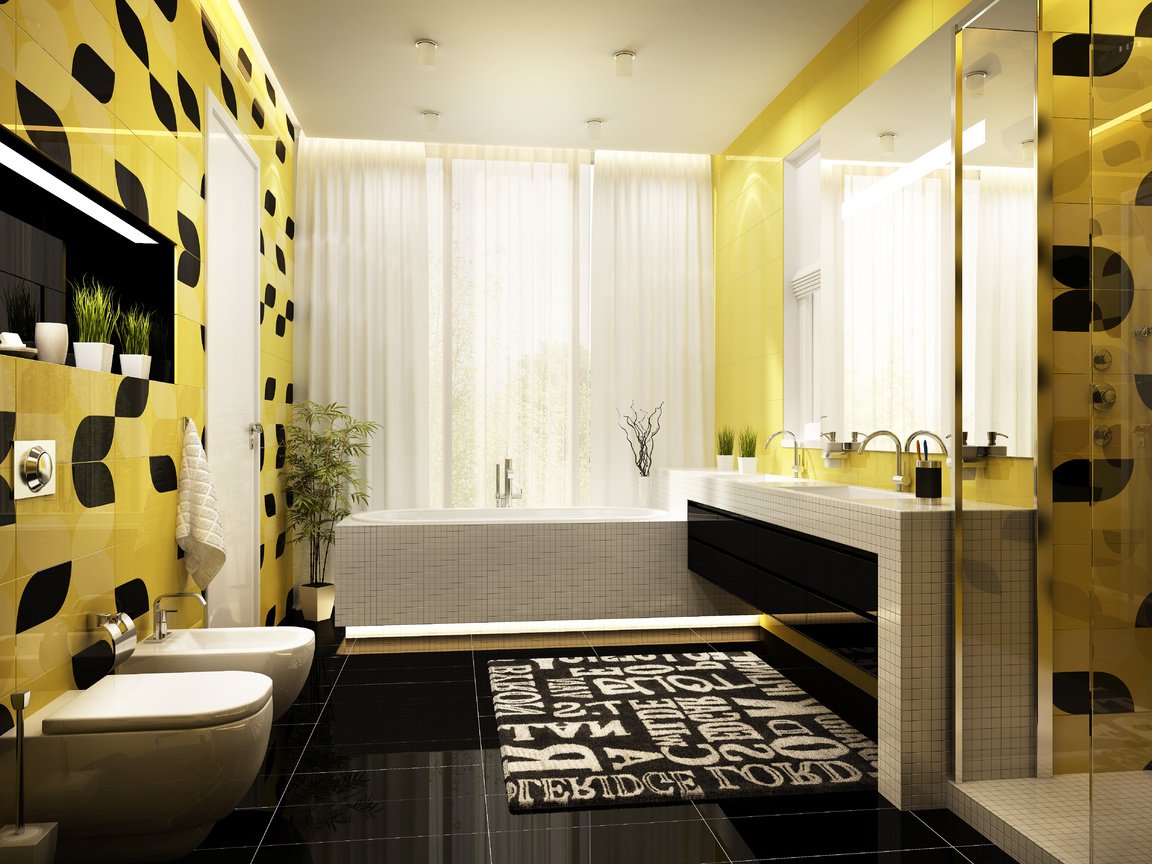 Обои желтый, интерьер, дизайн, черный, ванна, ванная, yellow, interior, design, black, bath, bathroom разрешение 5000x3846 Загрузить