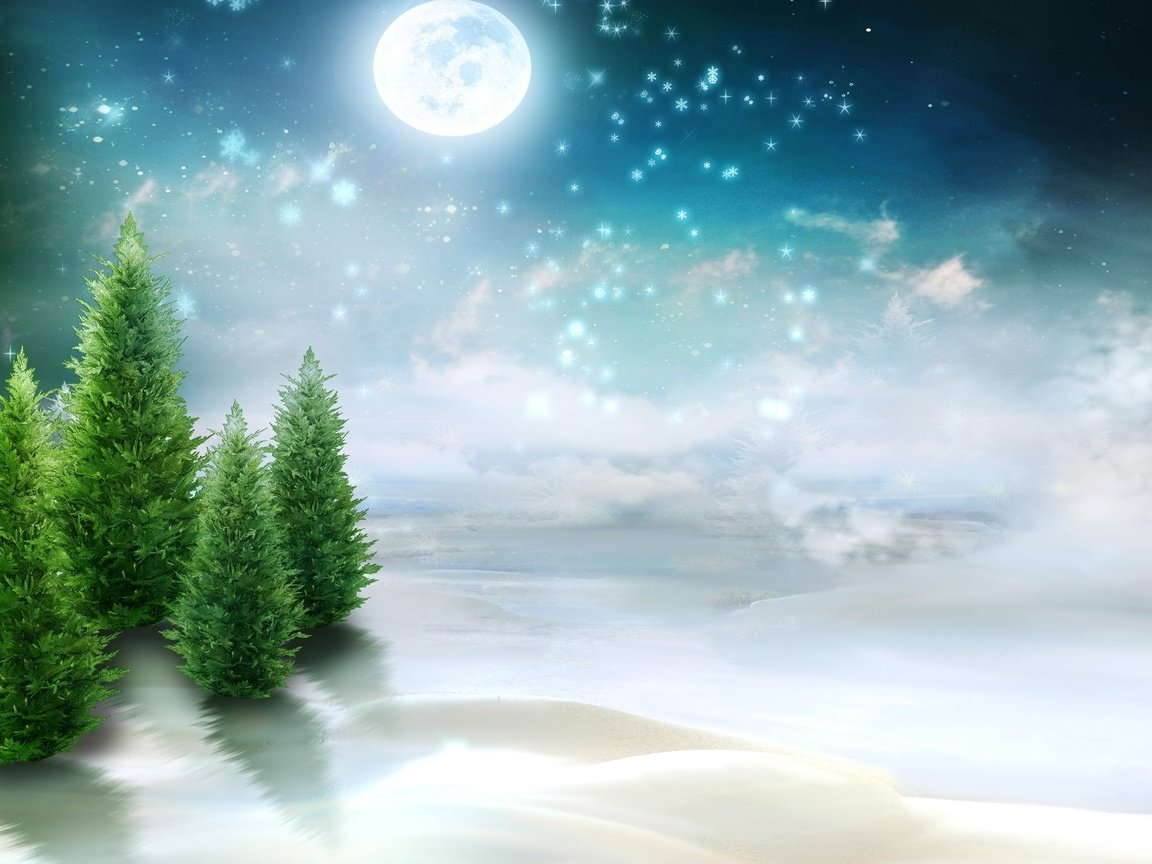 Обои рисунок, деревья, снег, природа, луна, ели, figure, trees, snow, nature, the moon, ate разрешение 2560x1600 Загрузить