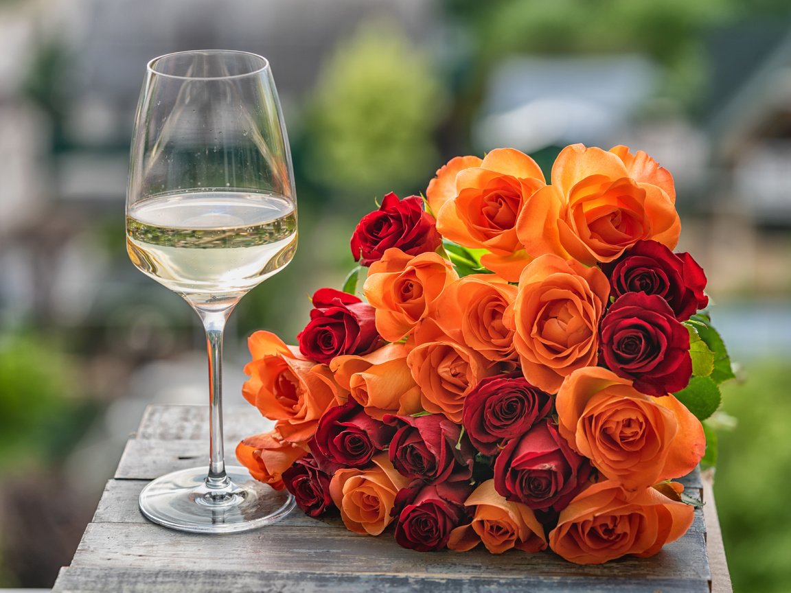 Обои цветы, розы, бокал, букет, вино, larisa voyageur, flowers, roses, glass, bouquet, wine разрешение 6000x4000 Загрузить