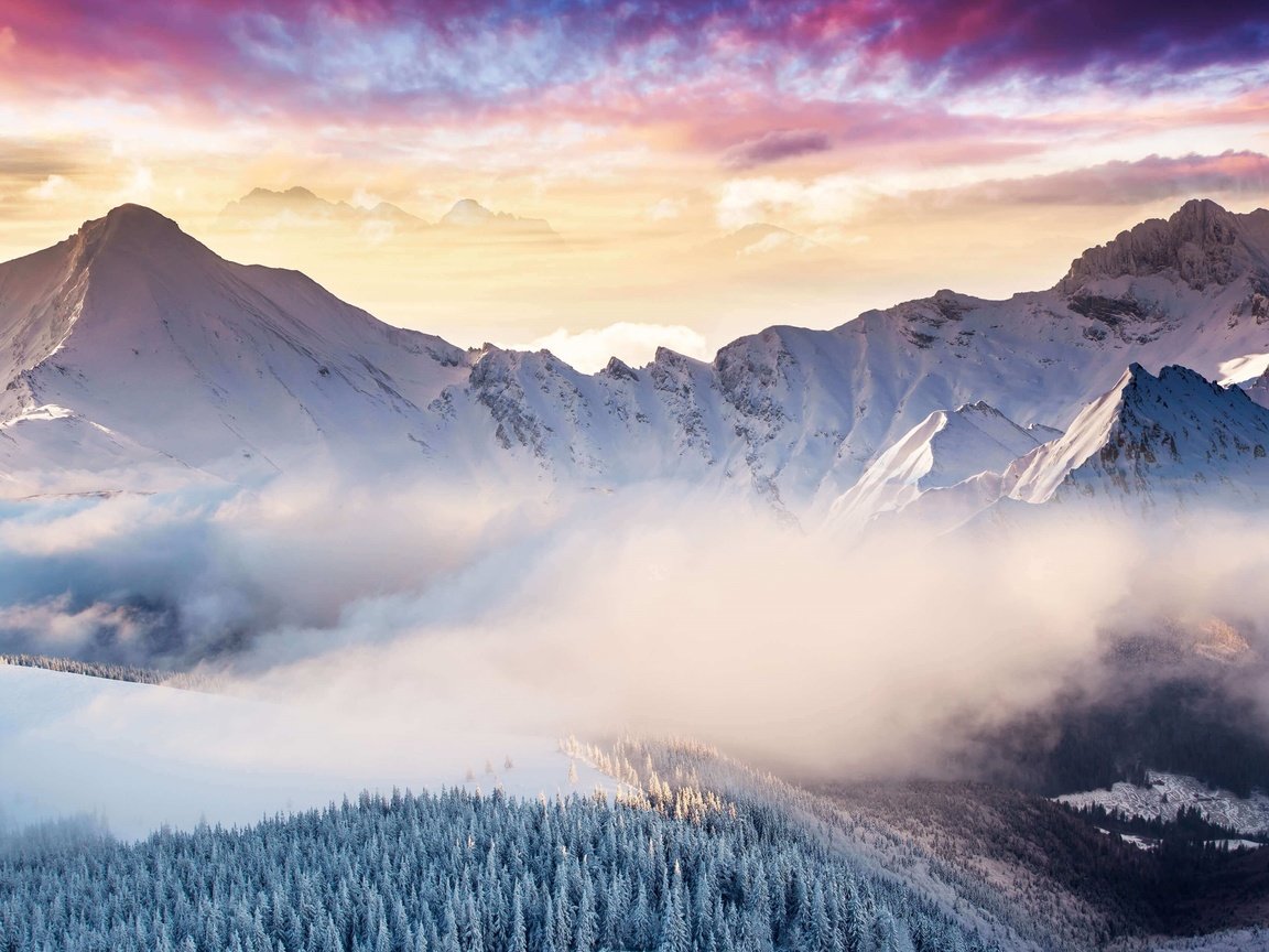 Обои небо, туман, облака, горы, скалы, снег, природа, лес, зима, the sky, fog, clouds, mountains, rocks, snow, nature, forest, winter разрешение 4500x2531 Загрузить