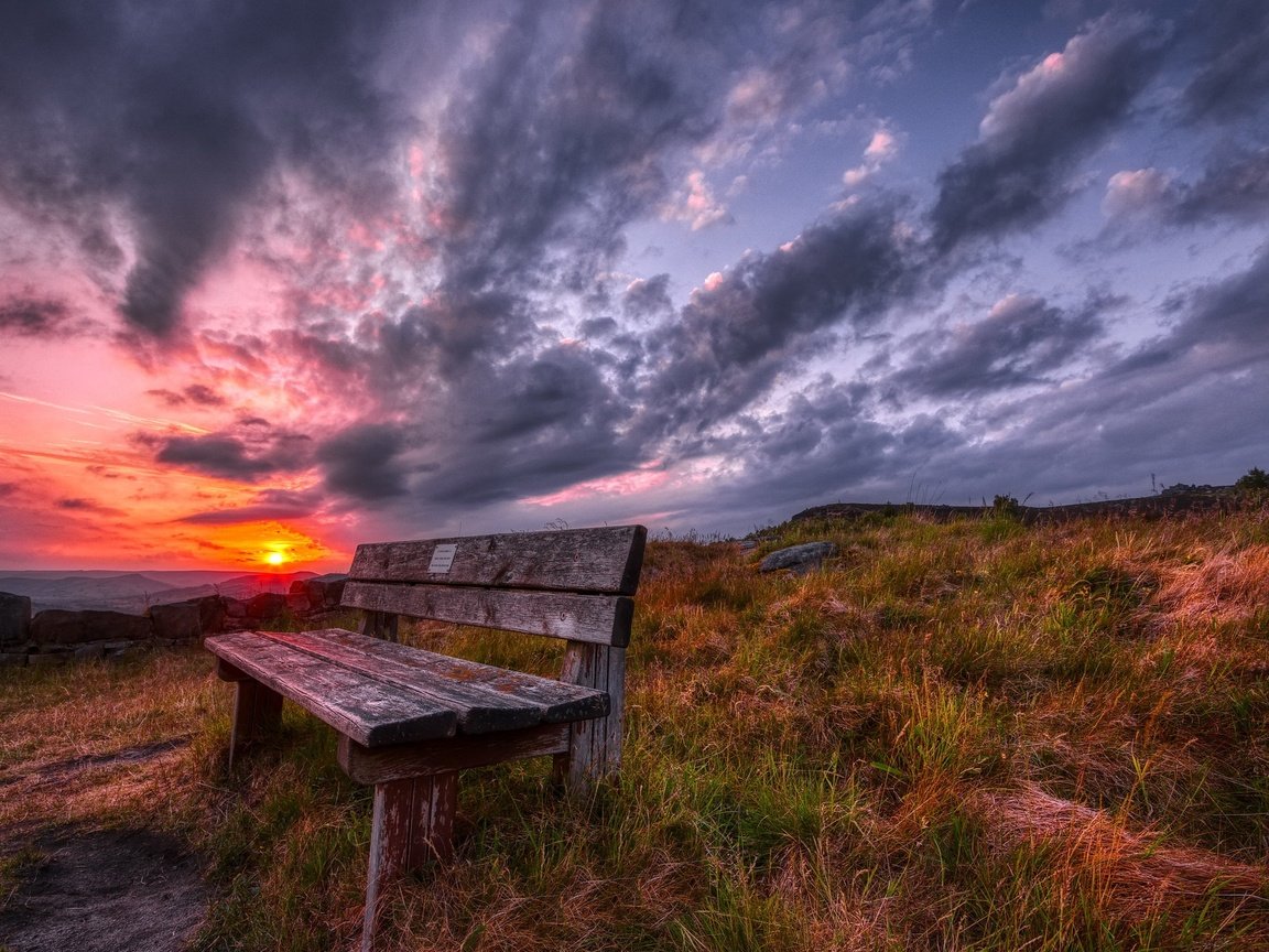 Обои природа, закат, скамья, nature, sunset, bench разрешение 2048x1300 Загрузить