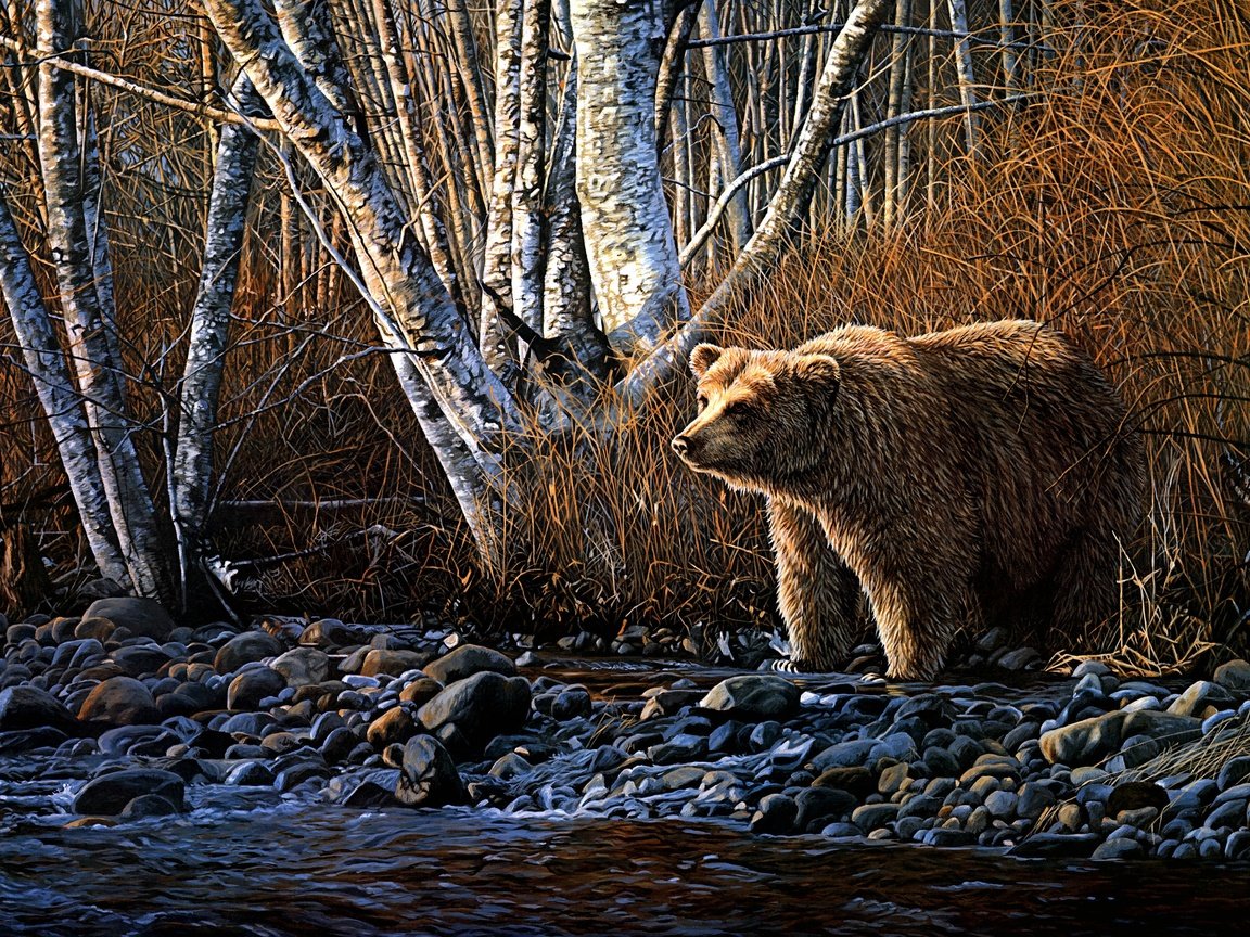 Обои арт, берег, осень, медведь, речка, art, shore, autumn, bear, river разрешение 3776x2268 Загрузить