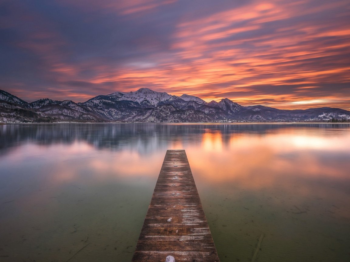 Обои озеро, горы, закат, германия, мостки, бавария, bavarian alps, баварские альпы, баварии, bavaria, lake, mountains, sunset, germany, bridges, bayern, the bavarian alps разрешение 3200x1951 Загрузить