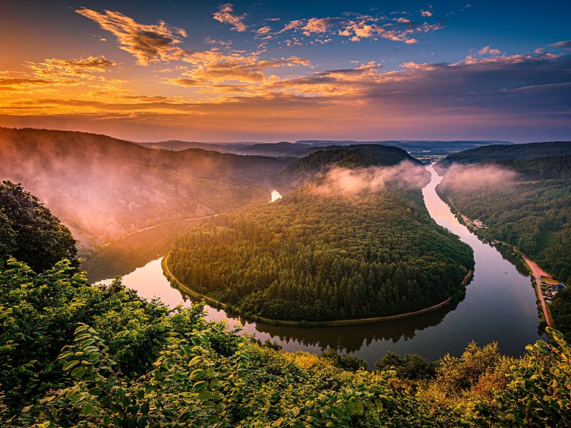 Обои деревья, река, закат, вид, германия, саар, сааршляйфе, trees, river, sunset, view, germany, saar разрешение 2048x1280 Загрузить