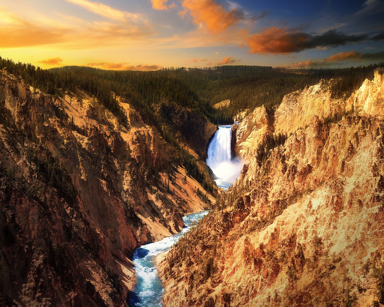 Обои река, скалы, закат, водопад, йеллоустоун, river, rocks, sunset, waterfall, yellowstone разрешение 2560x1600 Загрузить