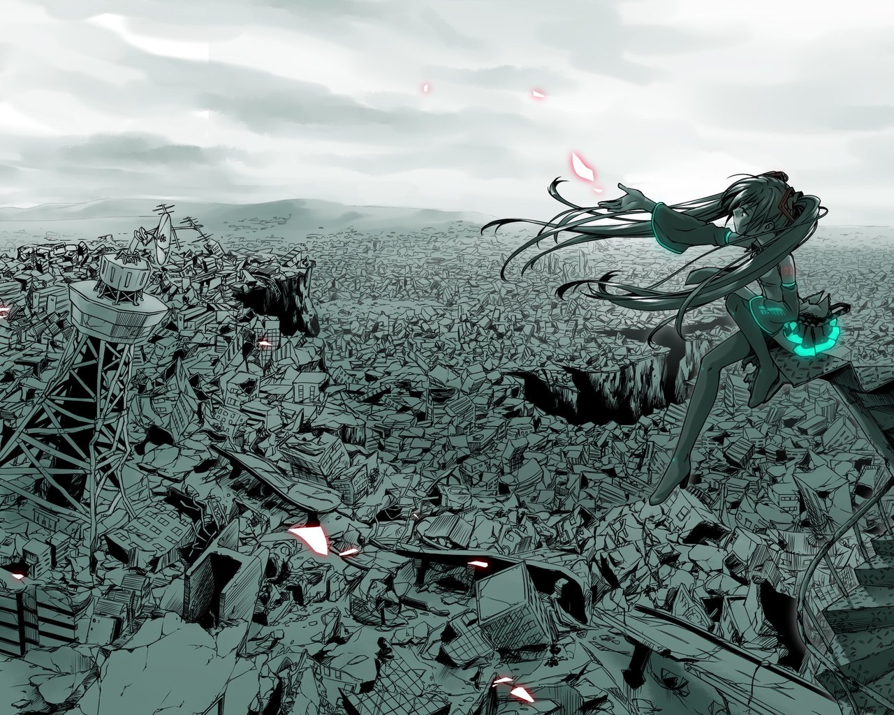 Обои город, вокалоид, катастрофа, мику хацунэ, the city, vocaloid, disaster, hatsune miku разрешение 3000x1500 Загрузить