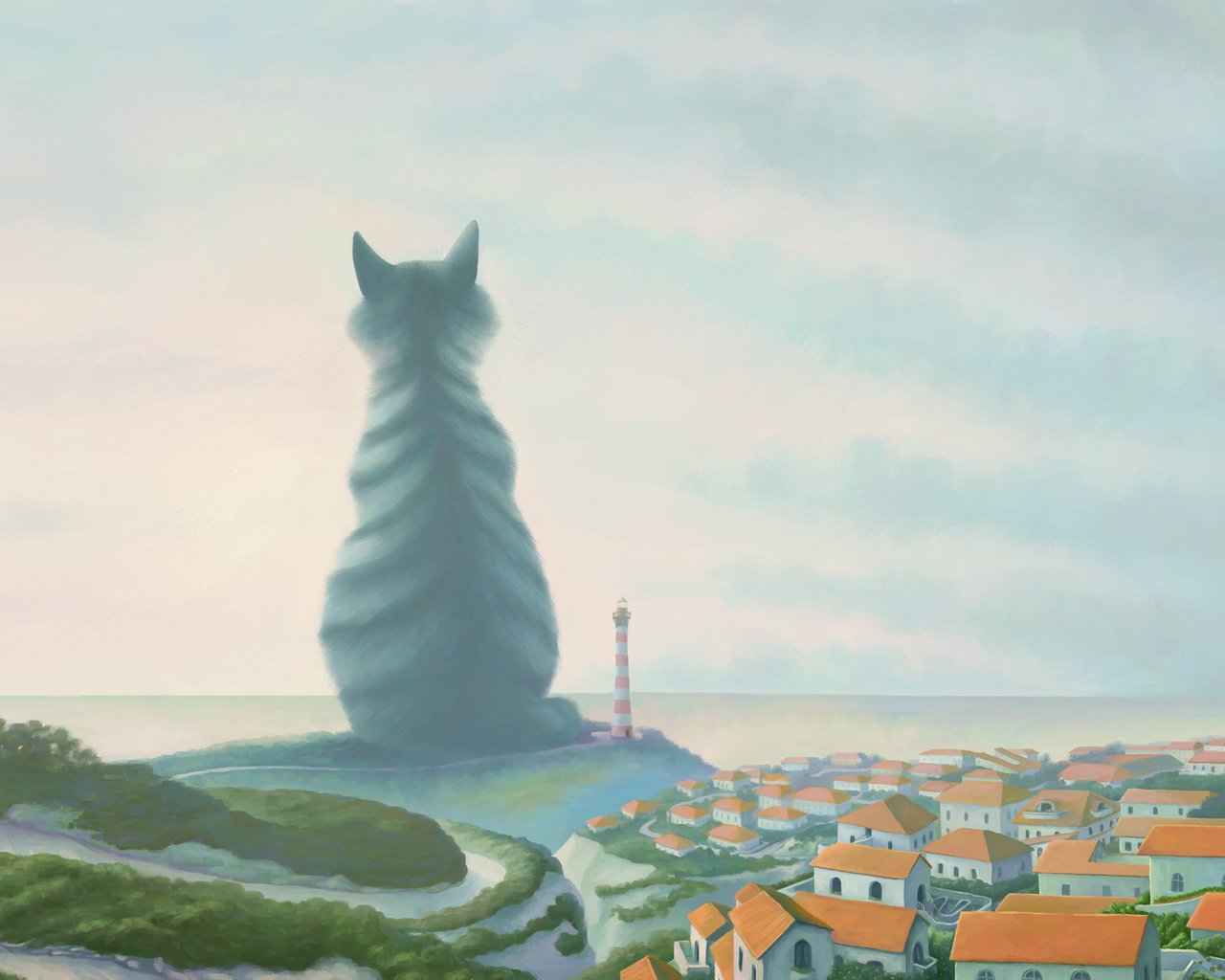 Обои кот, маяк, город, великан, cat, lighthouse, the city, giant разрешение 1920x1200 Загрузить