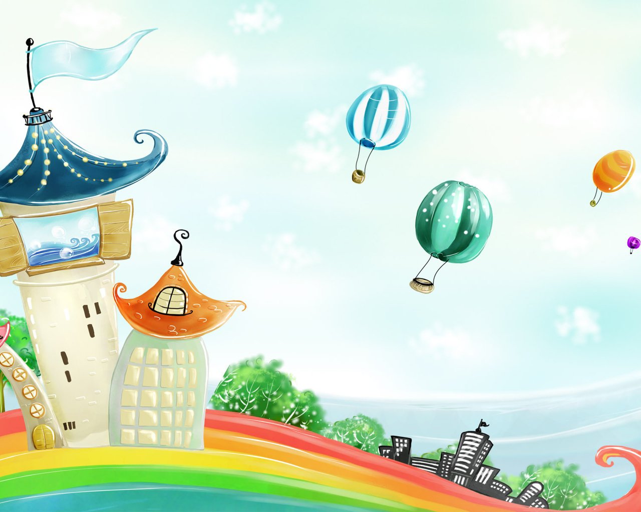 Обои домики, радуга, воздушные шары, houses, rainbow, balloons разрешение 1920x1200 Загрузить