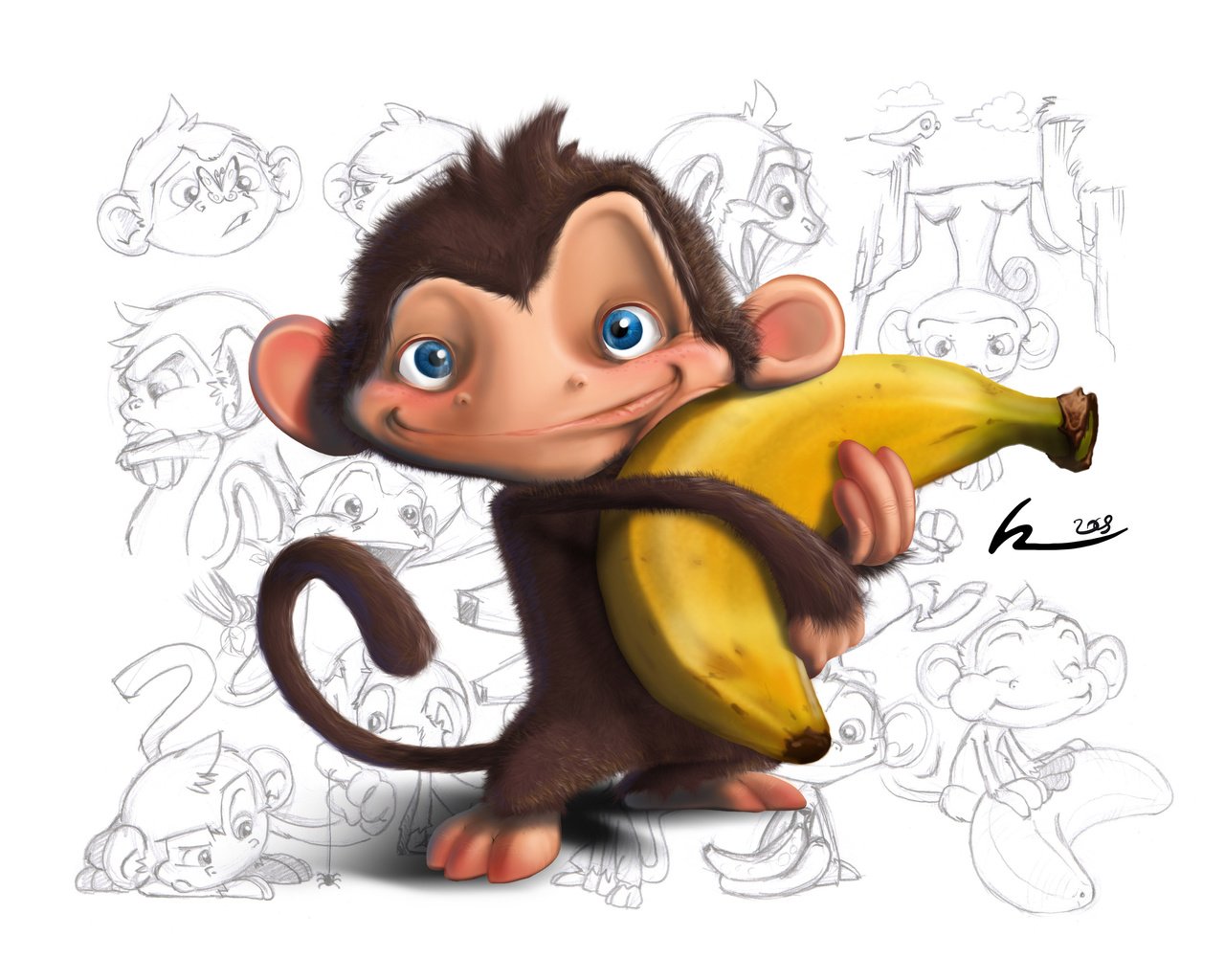 Обои рисунки, белый фон, обезьяна, детские обои, банан, drawings, white background, monkey, baby wallpaper, banana разрешение 3300x2550 Загрузить