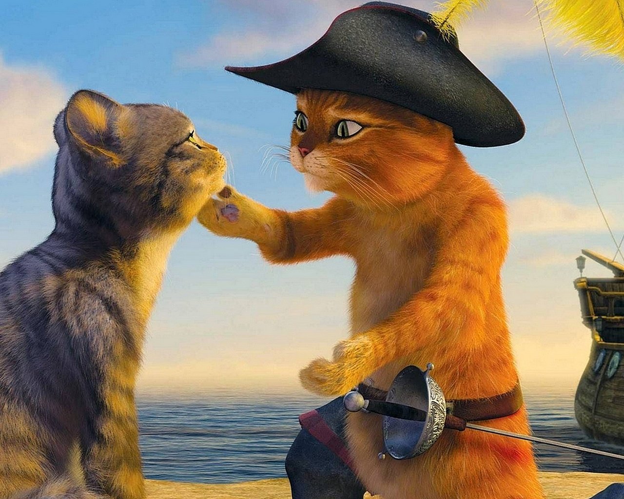 Обои кот, шрек, флирт, cat, shrek, flirting разрешение 1920x1080 Загрузить