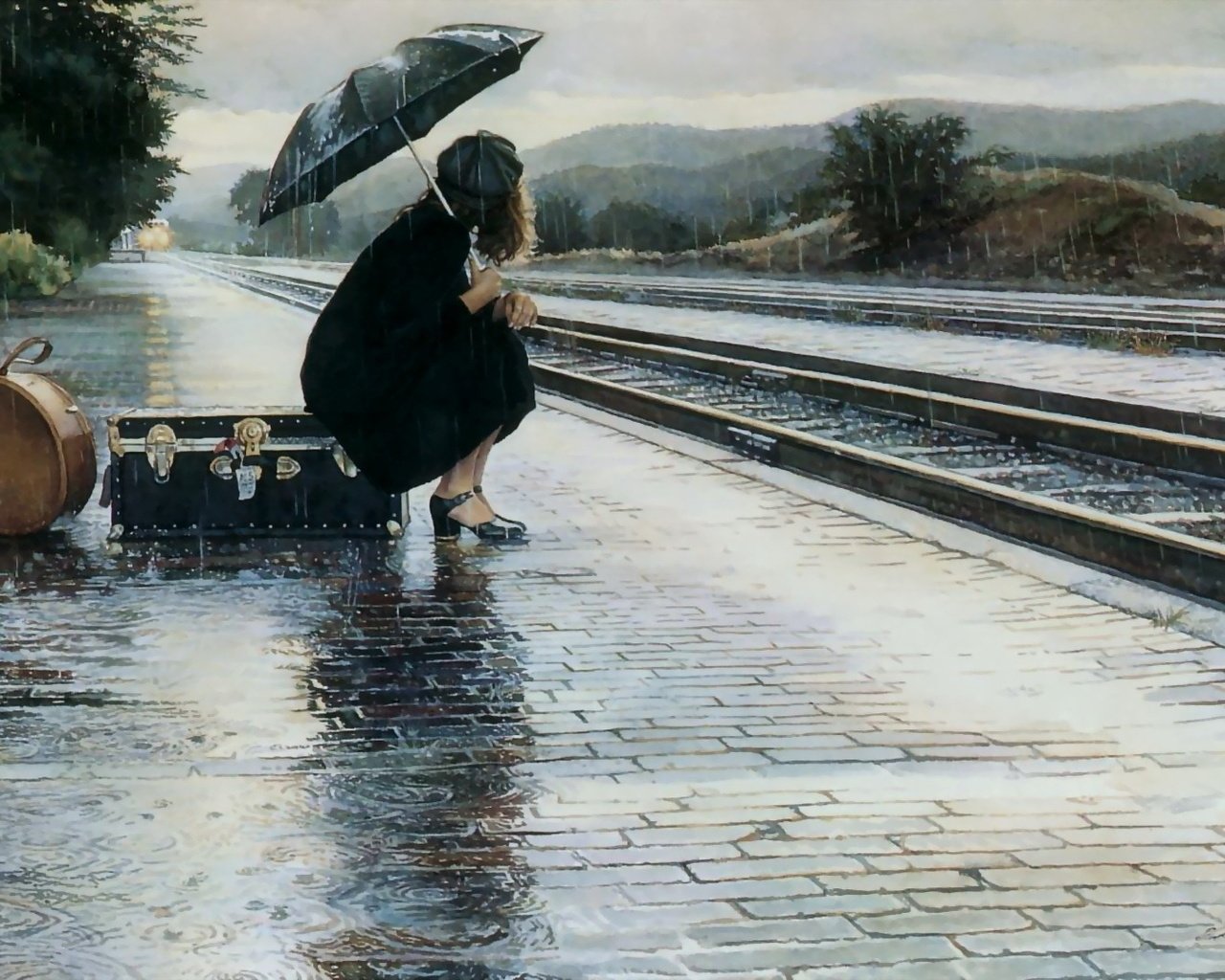 Обои девушка, грусть, дождь, чемодан, перрон, расставание, girl, sadness, rain, suitcase, the platform, parting разрешение 1920x1080 Загрузить