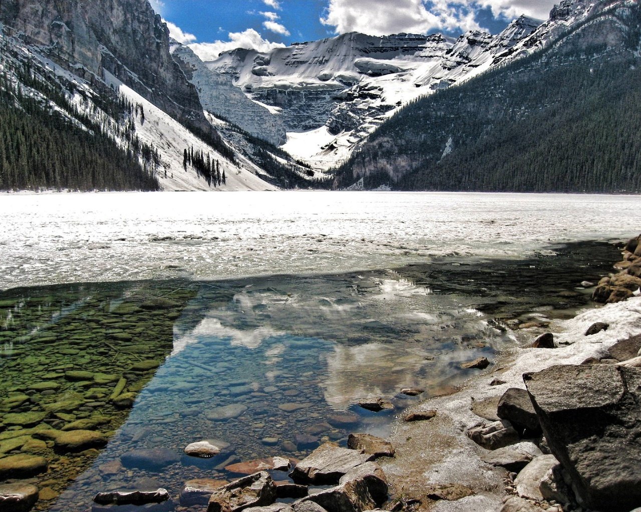 Обои вода, горы, камни, отражение, лёд, water, mountains, stones, reflection, ice разрешение 1920x1440 Загрузить