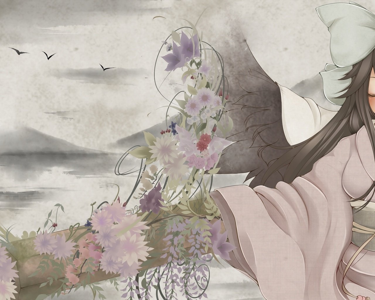 Обои небо, цветы, кимоно, reiuji utsuho, бант, the sky, flowers, kimono, bow разрешение 2000x1271 Загрузить