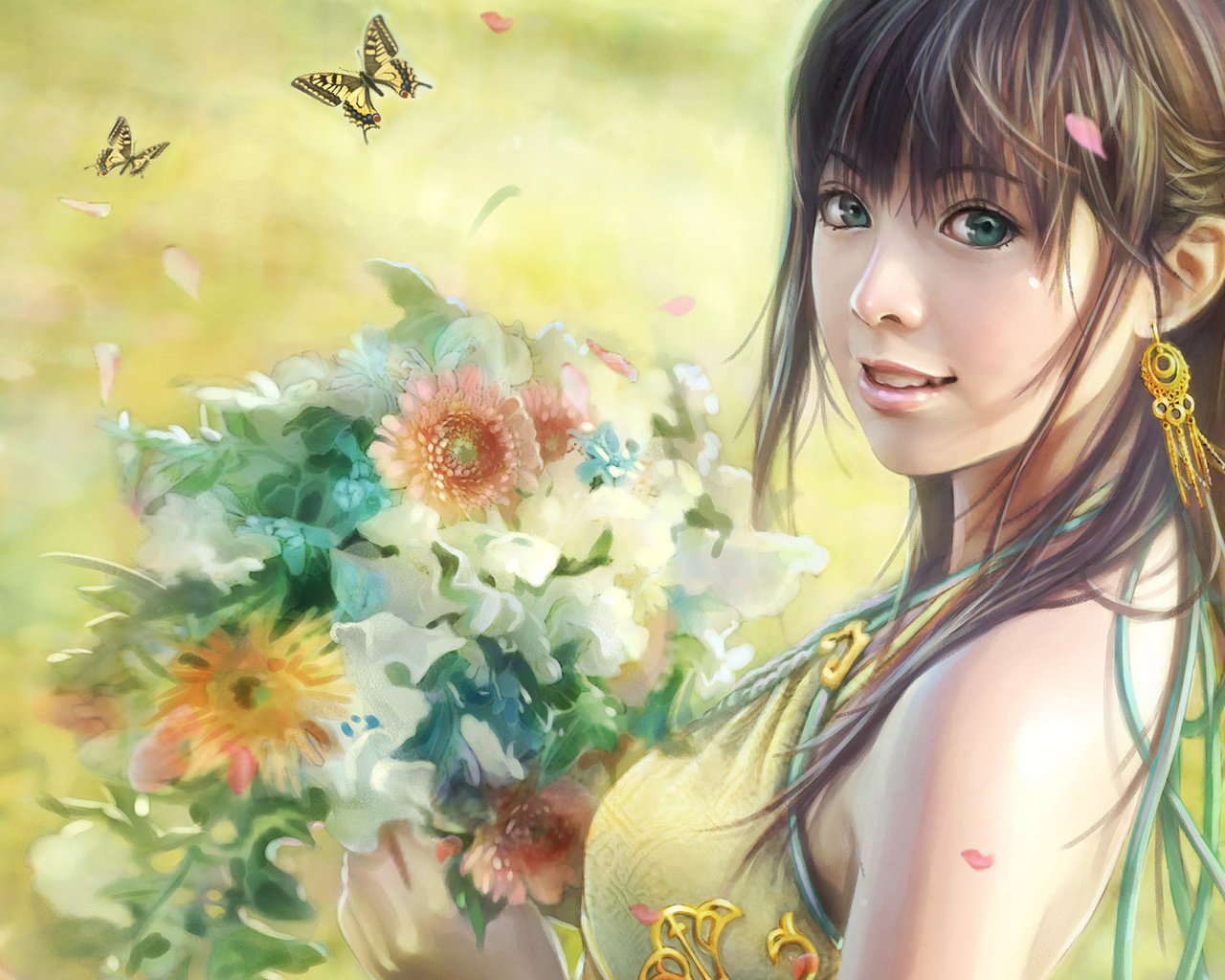 Обои цветы, рисунок, букет, бабочки, i-chen lin, flowers, figure, bouquet, butterfly разрешение 1920x1200 Загрузить