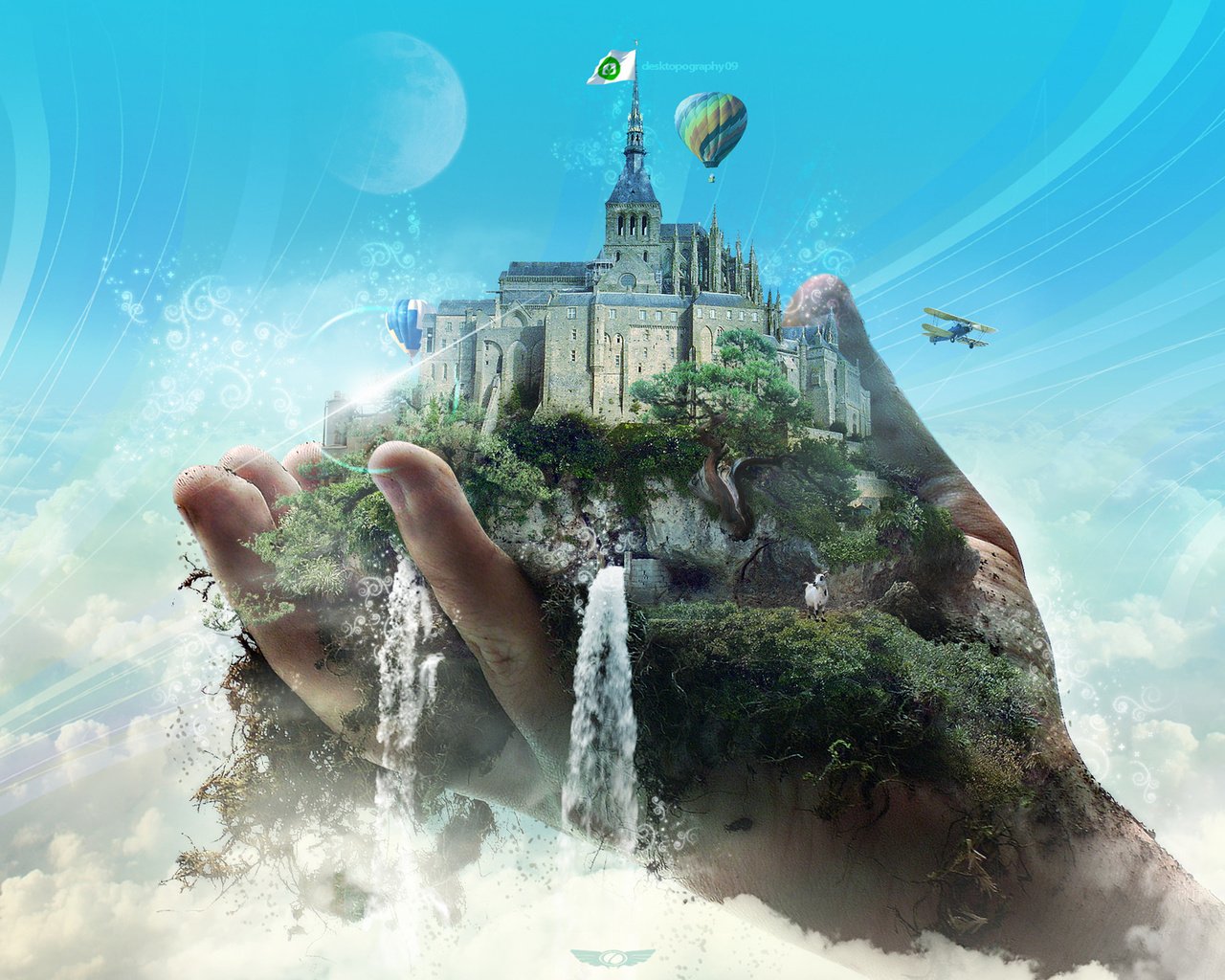 Обои рука, замок, мир, водопады, hand, castle, the world, waterfalls разрешение 1920x1200 Загрузить