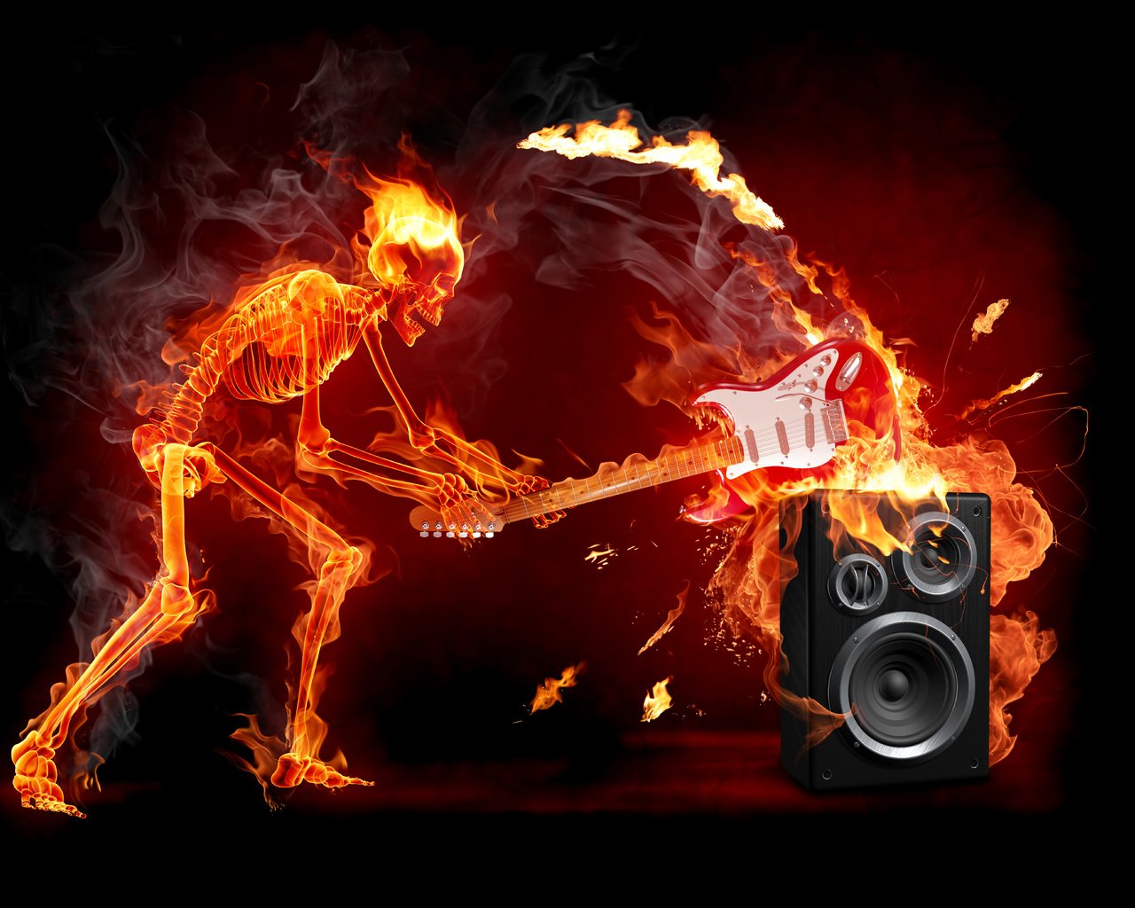 Обои гитара, огонь, рок, скелет, электричество, guitar, fire, rock, skeleton, electricity разрешение 6332x4749 Загрузить