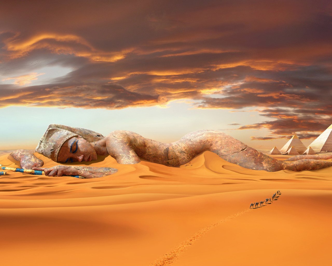 Обои песок, пустыня, статуя, дюны, караван, верблюды, пирамиды, sand, desert, statue, dunes, caravan, camels, pyramid разрешение 1920x1080 Загрузить