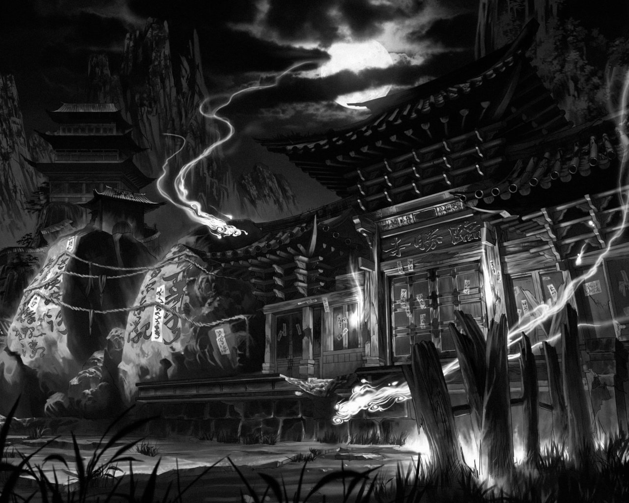 Обои ночь, храм, черно-белая, дом, темнота, магия, духи, night, temple, black and white, house, darkness, magic, perfume разрешение 2560x1600 Загрузить