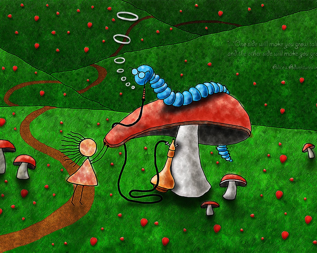 Обои грибы, тропа, алиса, гусеница, mushrooms, trail, alice, caterpillar разрешение 2560x1600 Загрузить