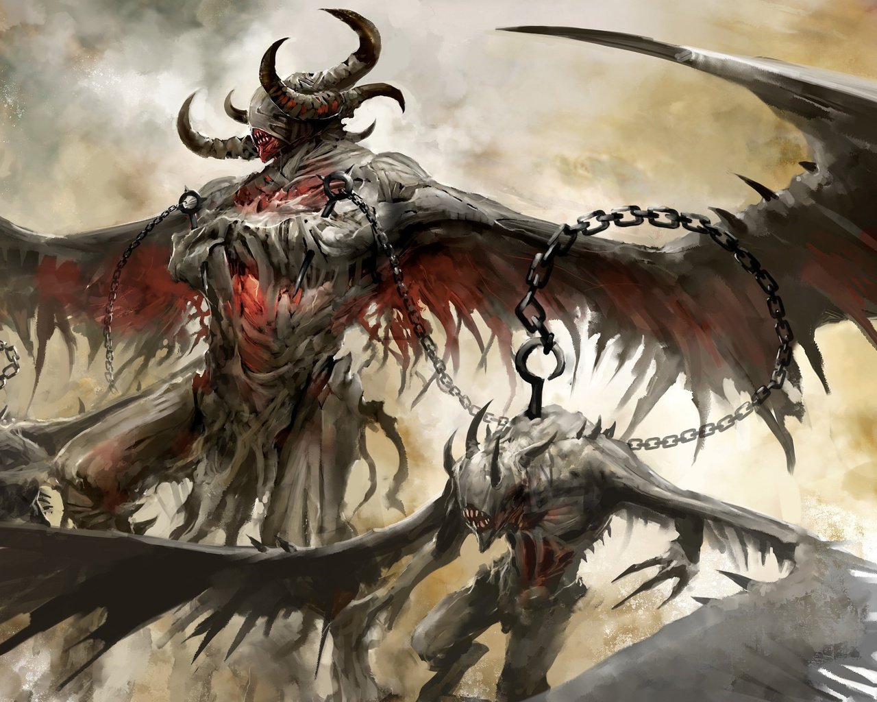Обои демоны, крылья, guild wars 2, рога, цепь, крюк, demons, wings, horns, chain, hook разрешение 1920x1297 Загрузить