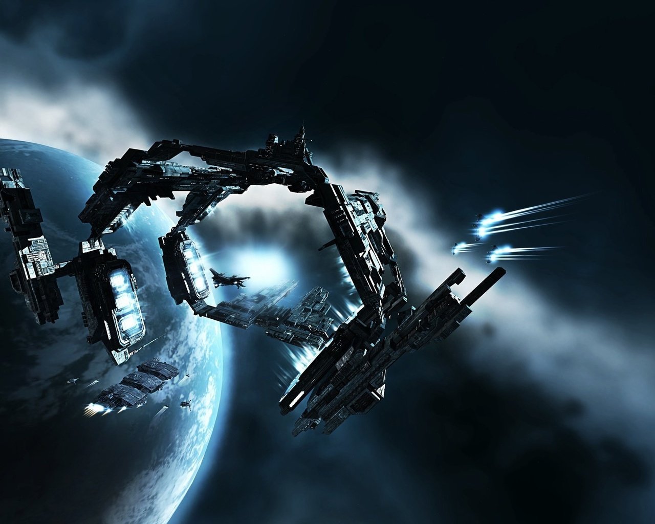 Обои корабли, планета, туманность, eve-online, ships, planet, nebula разрешение 1920x1200 Загрузить