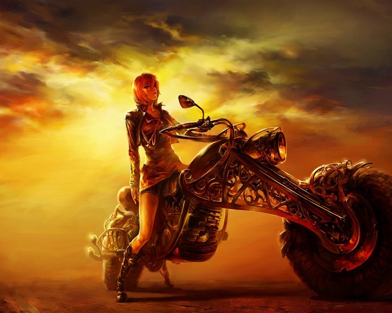 Обои дорога, рисунок, вечер, закат, девушка, мотоцикл, road, figure, the evening, sunset, girl, motorcycle разрешение 1920x1200 Загрузить