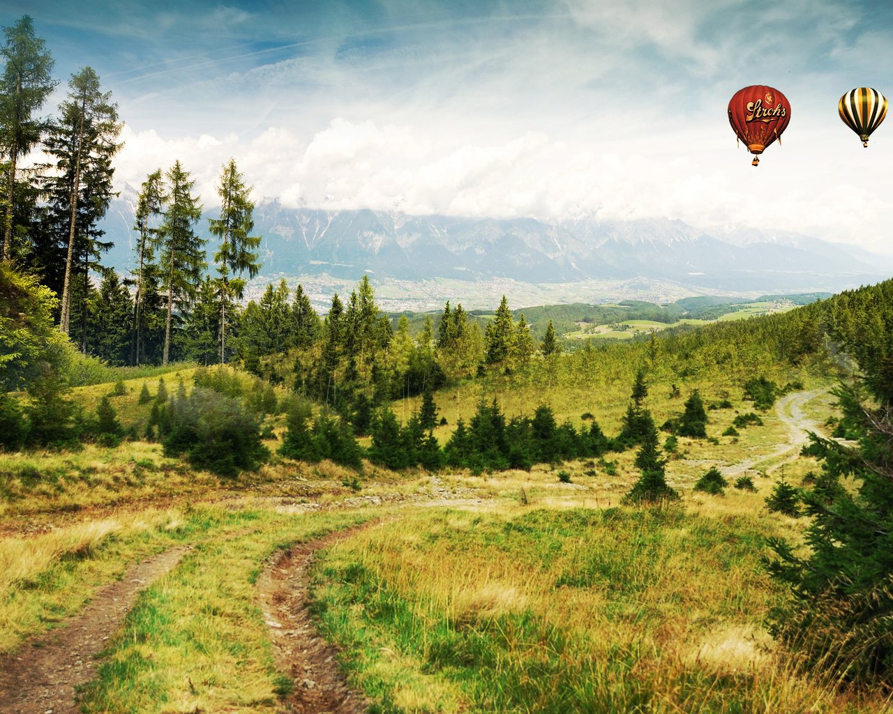 Обои дорога, горы, лес, воздушные шары, road, mountains, forest, balloons разрешение 1920x1200 Загрузить