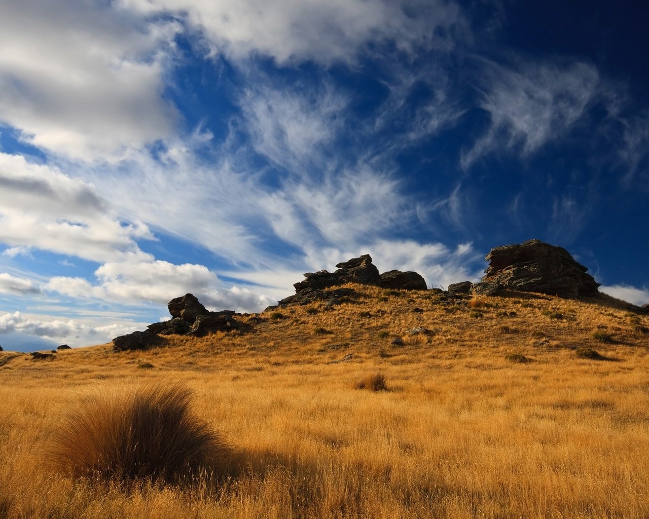 Обои небо, холмы, природа, камни, растения, пейзаж, поле, травы, the sky, hills, nature, stones, plants, landscape, field, grass разрешение 1920x1200 Загрузить