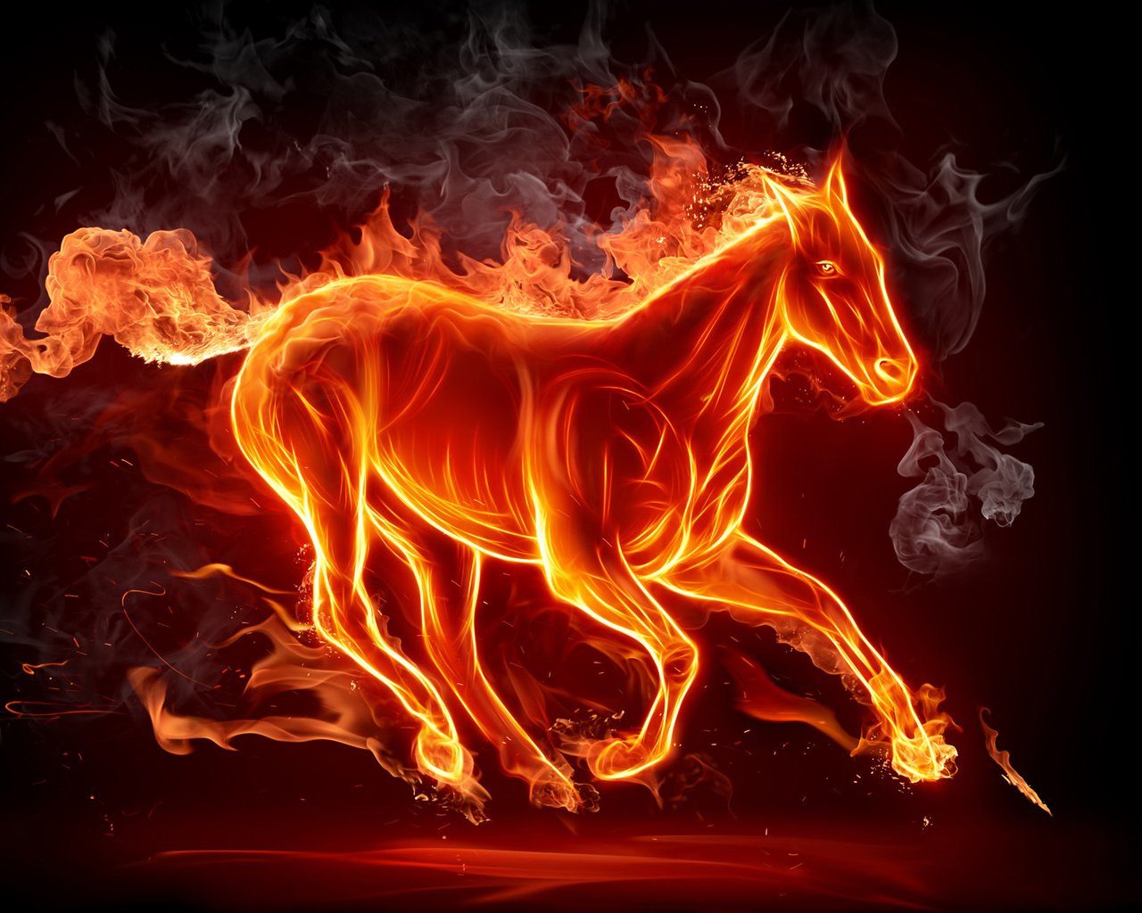 Обои лошадь, пламя, огонь, дым, силуэт, конь, horse, flame, fire, smoke, silhouette разрешение 1920x1200 Загрузить