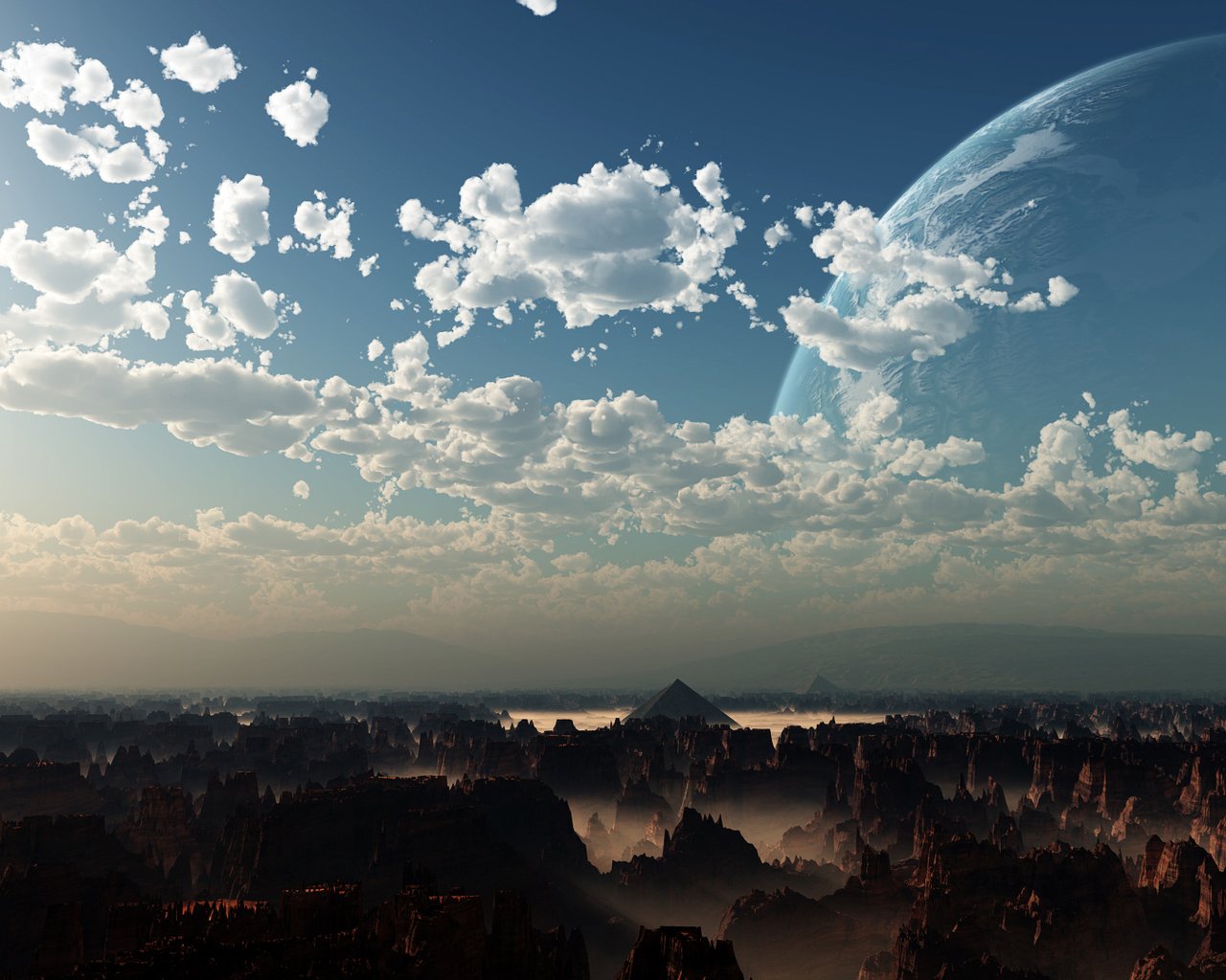 Обои небо, облака, горы, скалы, пейзаж, планета, горизонт, цифровое искусство, the sky, clouds, mountains, rocks, landscape, planet, horizon, digital art разрешение 1920x1080 Загрузить