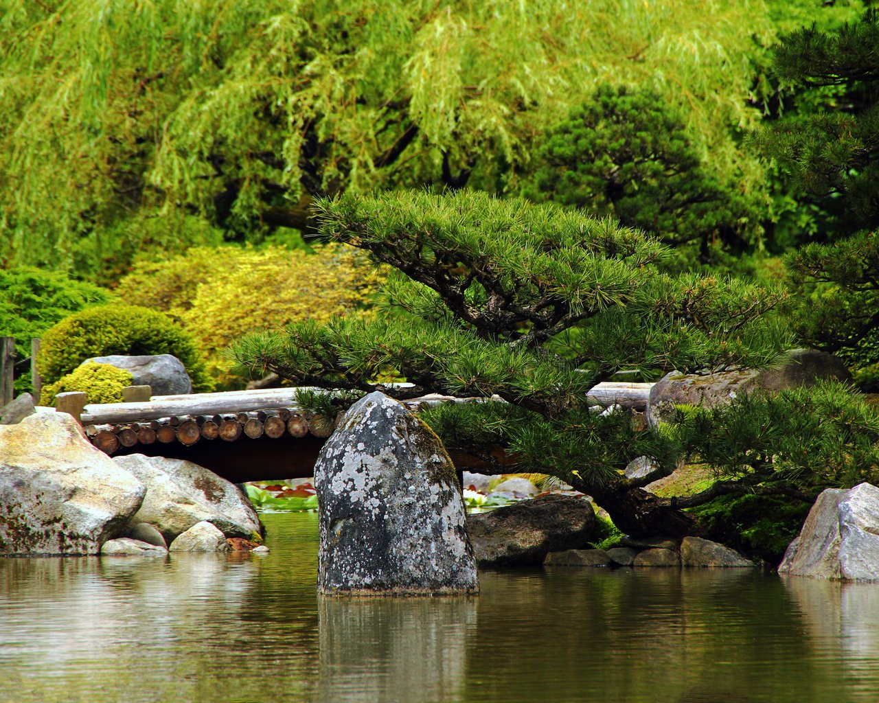 Обои деревья, мост, япония, камень, японский сад, trees, bridge, japan, stone, japanese garden разрешение 2560x1600 Загрузить