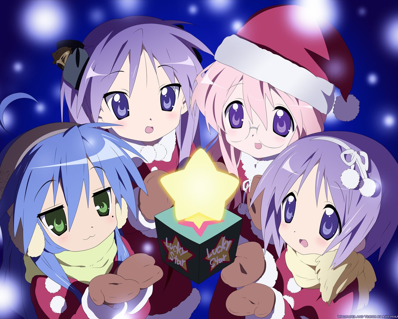 Обои lucky star, izumi konata, hiiragi tsukasa, hiiragi kagami, takara miyuki, елочная, christmas разрешение 1920x1200 Загрузить