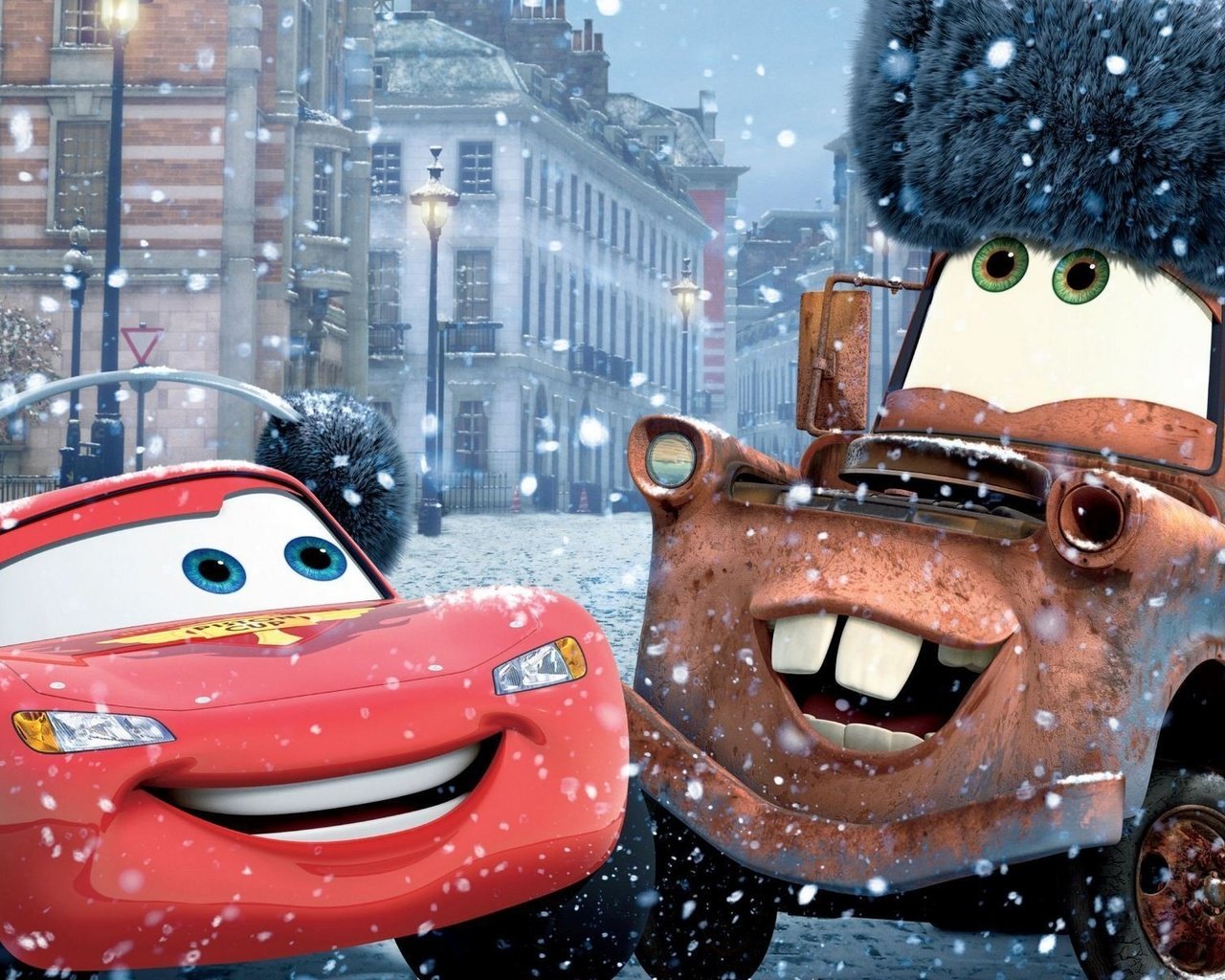 Обои снег, зима, мультфильм, тачки-2, cars2, молния маккуин, мэтр, snow, winter, cartoon, cars-2, lightning mcqueen, mater разрешение 1920x1200 Загрузить