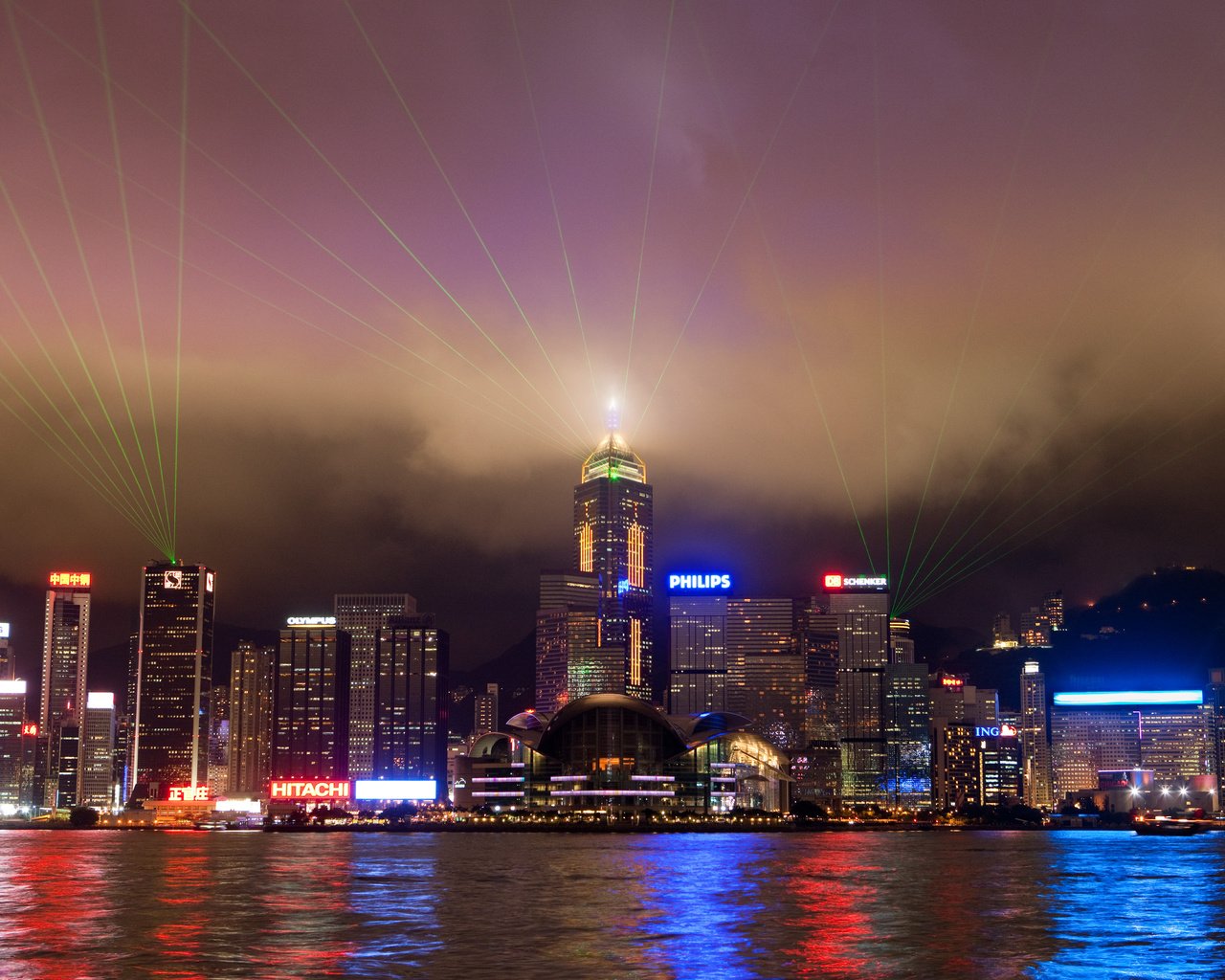 Обои огни, вода, небоскребы, гонконг, lights, water, skyscrapers, hong kong разрешение 5345x3563 Загрузить