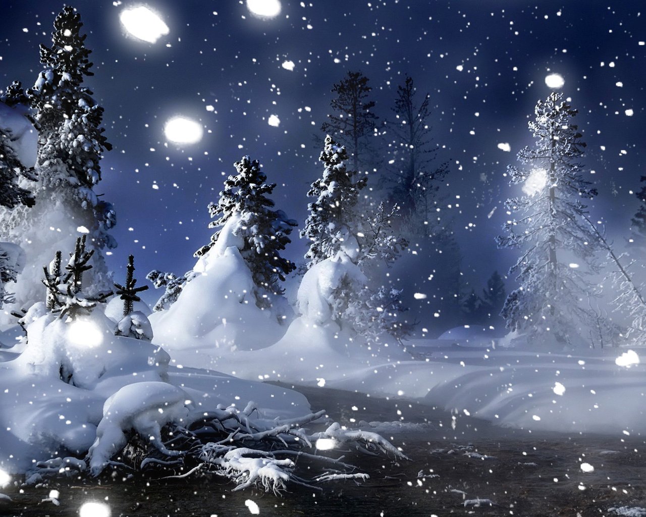 Обои ночь, снег, лес, зима, елочки, night, snow, forest, winter, christmas trees разрешение 1920x1200 Загрузить